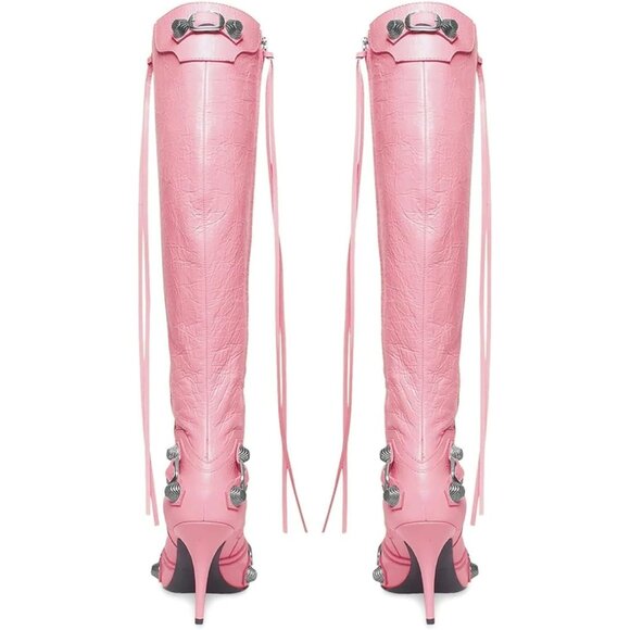 Women's Faux Leather Pink Stiletto Knee High Pointed Toe High Heel Zipper Boots - Picture 4 of 7